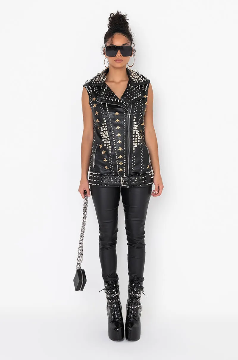 AZALEA WANG BEEHIVE STUDDED OUT OVERSIZED MOTO VEST