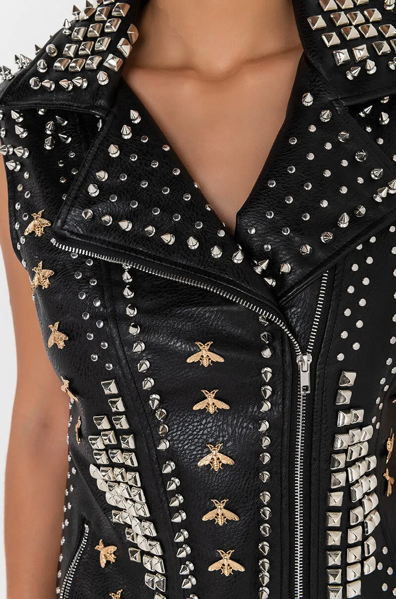 AZALEA WANG BEEHIVE STUDDED OUT OVERSIZED MOTO VEST