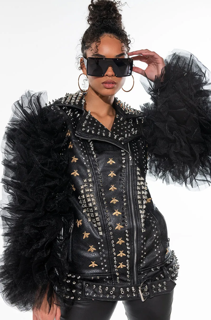 AZALEA WANG BEEHIVE STUDDED OUT OVERSIZED MOTO VEST