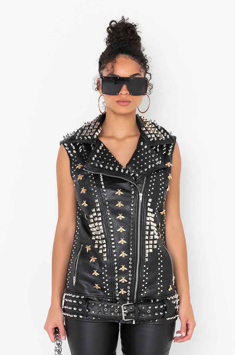 AZALEA WANG BEEHIVE STUDDED OUT OVERSIZED MOTO VEST