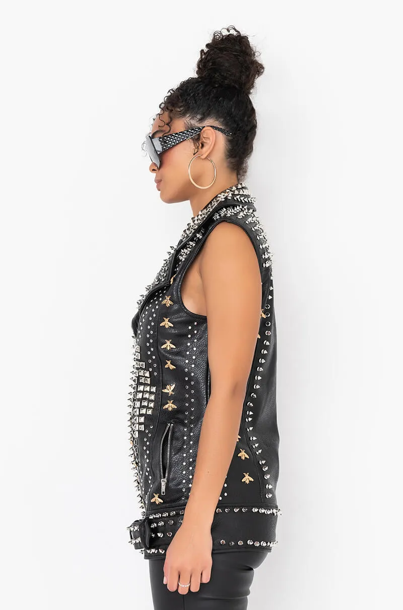 AZALEA WANG BEEHIVE STUDDED OUT OVERSIZED MOTO VEST