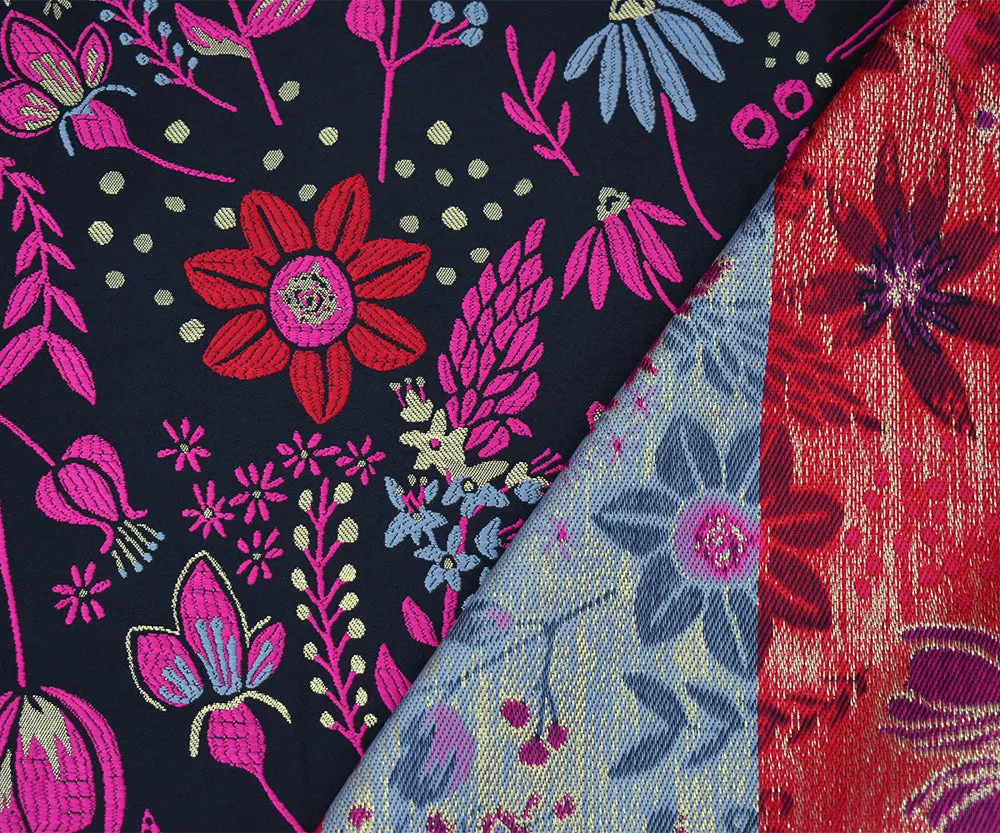 Black-Fuchsia-Gold Polyester Metallic Floral Jacquard Brocade Woven Fabric