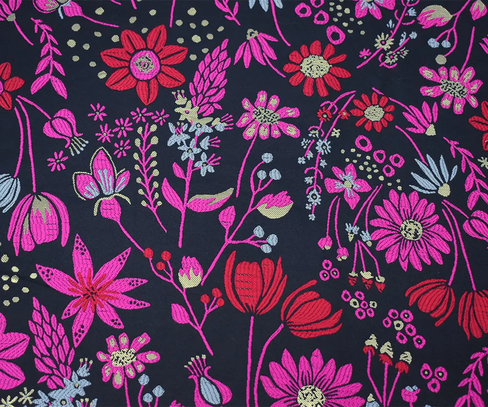 Black-Fuchsia-Gold Polyester Metallic Floral Jacquard Brocade Woven Fabric