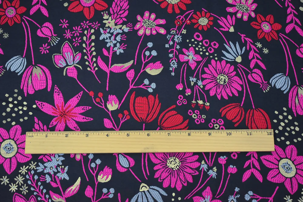 Black-Fuchsia-Gold Polyester Metallic Floral Jacquard Brocade Woven Fabric