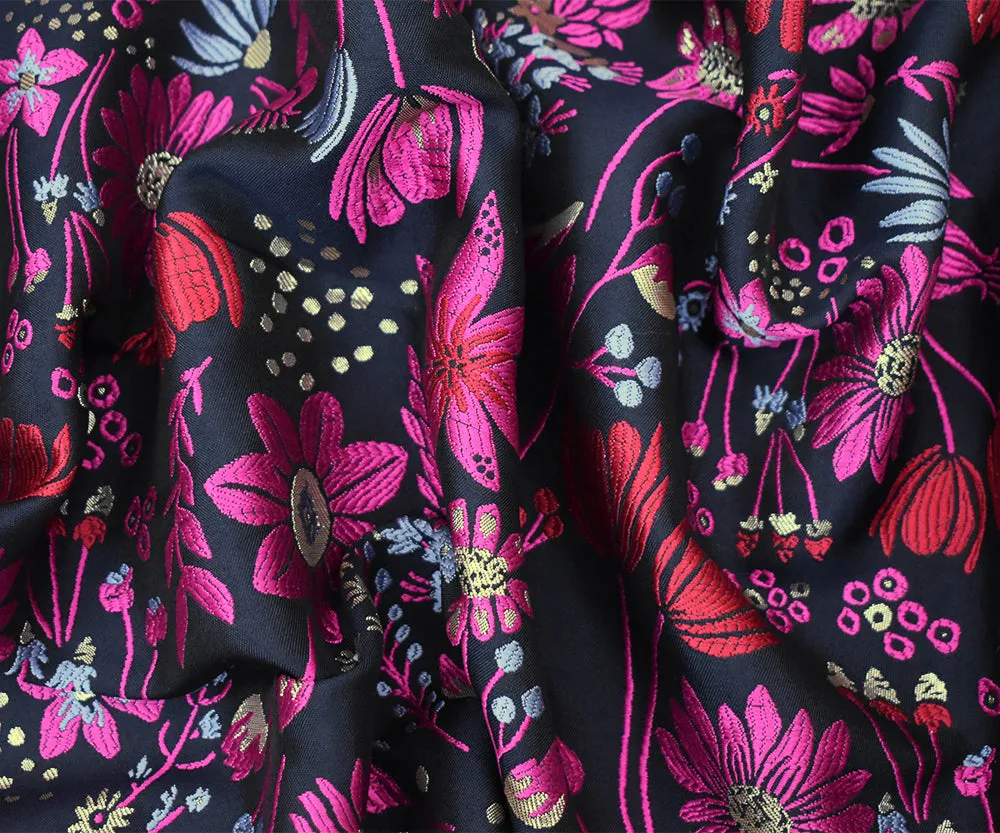 Black-Fuchsia-Gold Polyester Metallic Floral Jacquard Brocade Woven Fabric