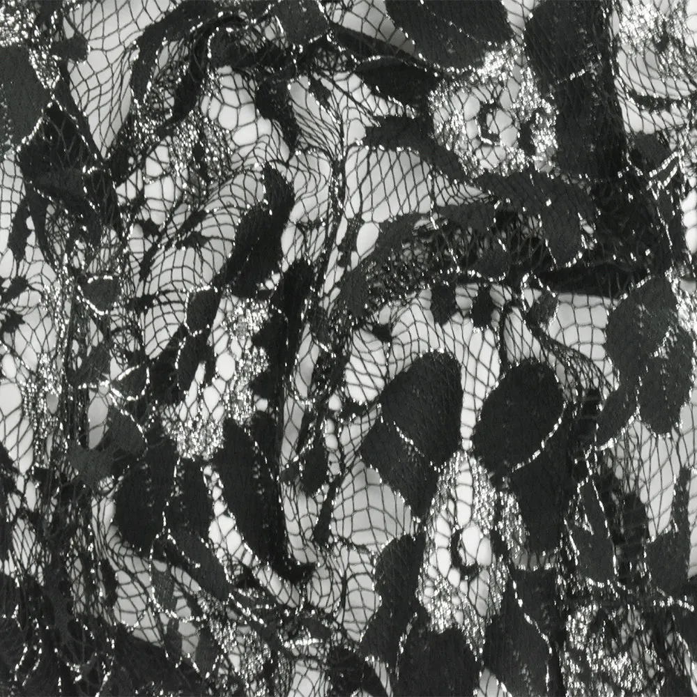 Black-Metallic Silver Floral Lace Knit Fabric