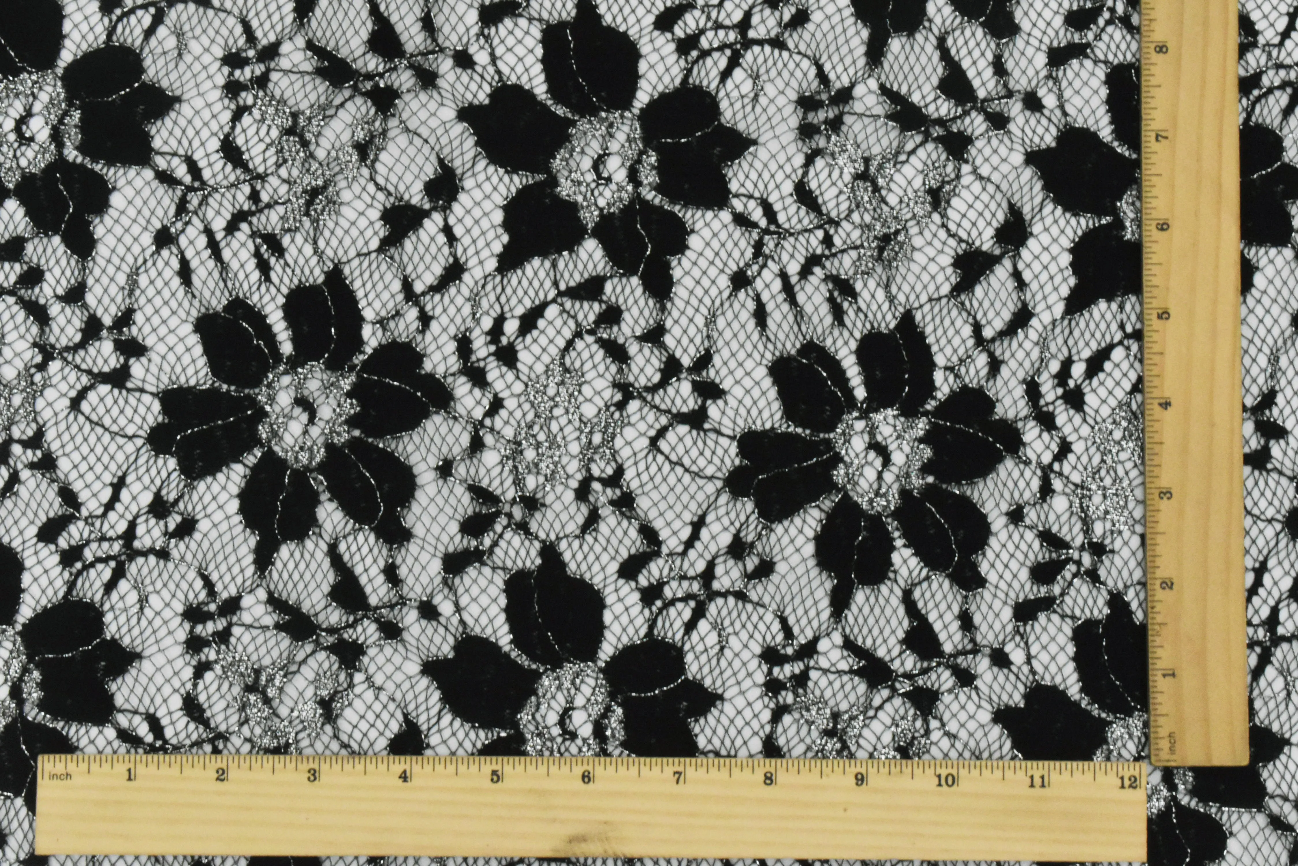 Black-Metallic Silver Floral Lace Knit Fabric