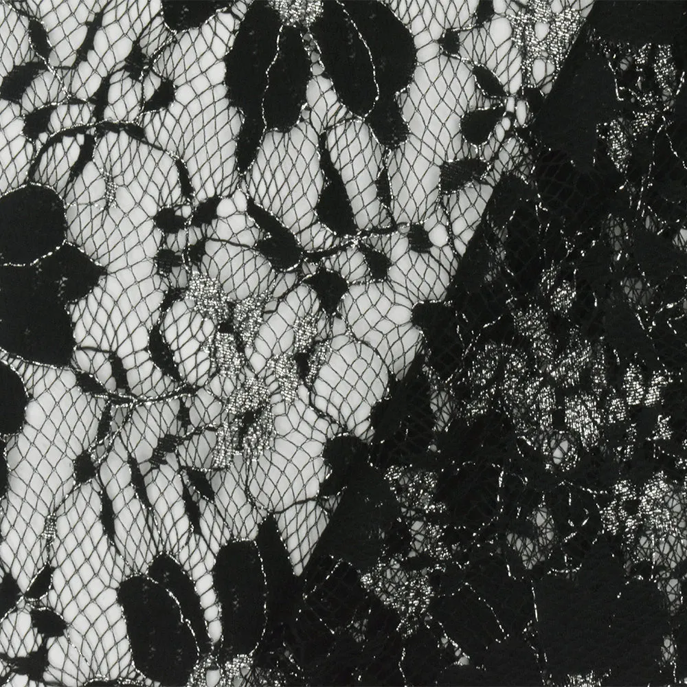 Black-Metallic Silver Floral Lace Knit Fabric