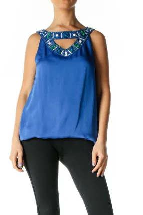 Blue Beaded Sleeveless Blouse