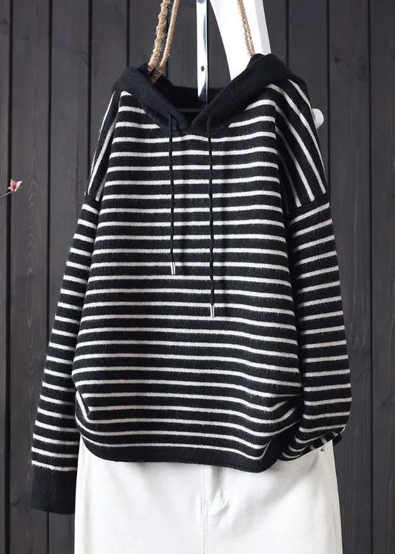 Bohemian Apricot Striped Patchwork Drawstring Hooded Knitted Cotton Thread Sweaters Fall HA1007