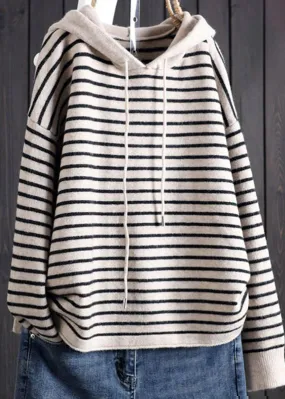 Bohemian Apricot Striped Patchwork Drawstring Hooded Knitted Cotton Thread Sweaters Fall HA1007