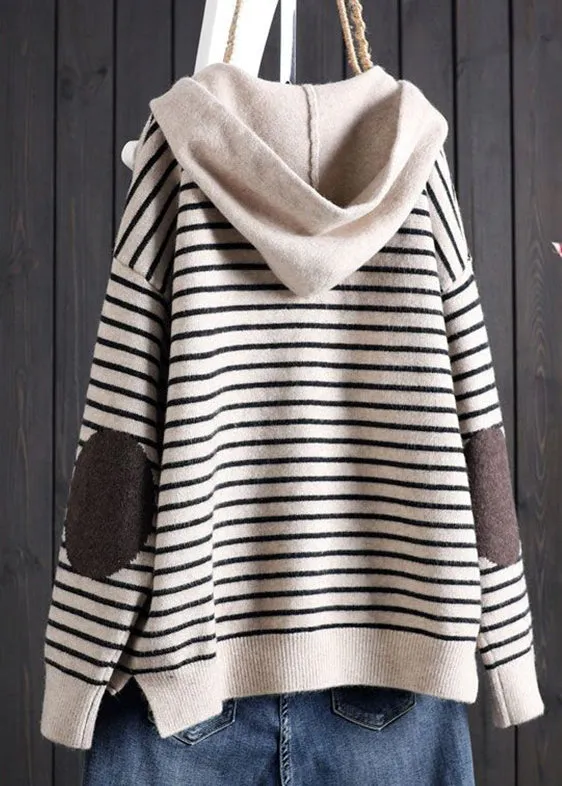 Bohemian Apricot Striped Patchwork Drawstring Hooded Knitted Cotton Thread Sweaters Fall HA1007