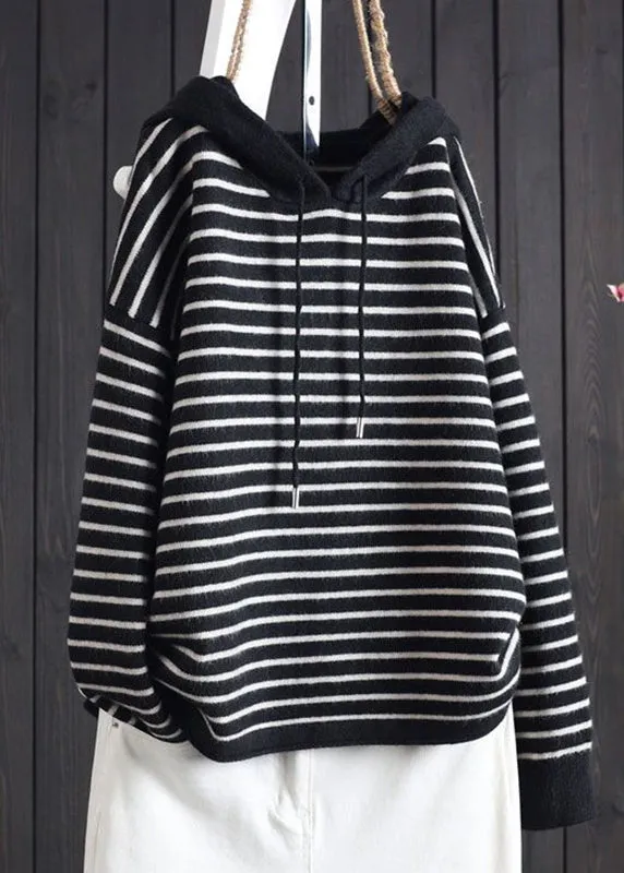 Bohemian Apricot Striped Patchwork Drawstring Hooded Knitted Cotton Thread Sweaters Fall HA1007