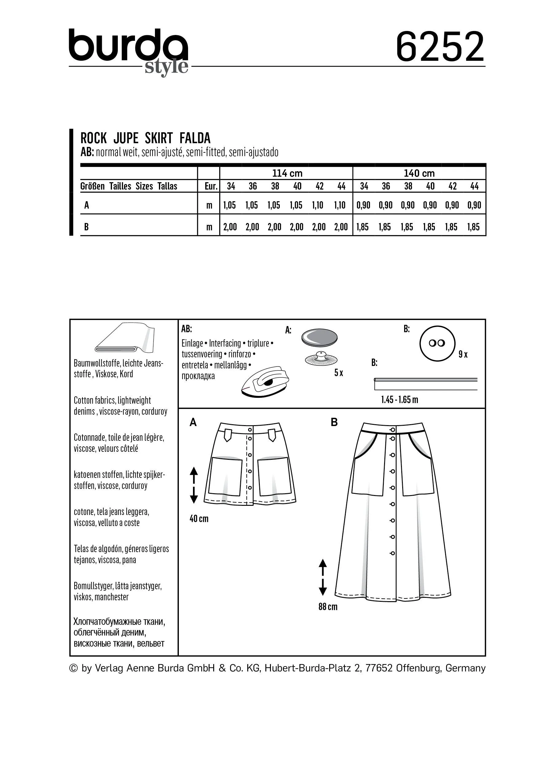 Burda 6252 Skirts Sewing Pattern