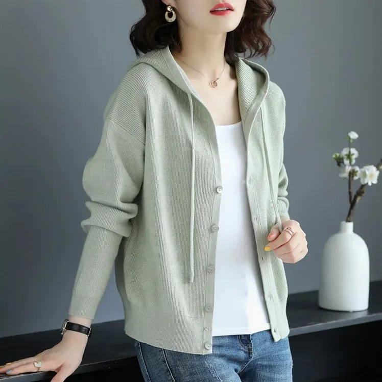 Casual Long Sleeve Button Up Hooded Knitted Sweaters