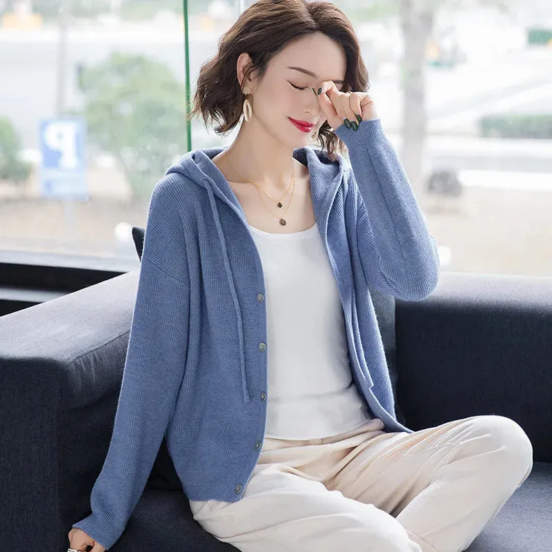 Casual Long Sleeve Button Up Hooded Knitted Sweaters