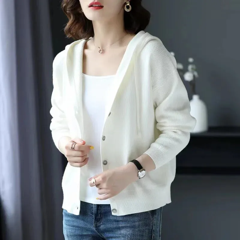 Casual Long Sleeve Button Up Hooded Knitted Sweaters