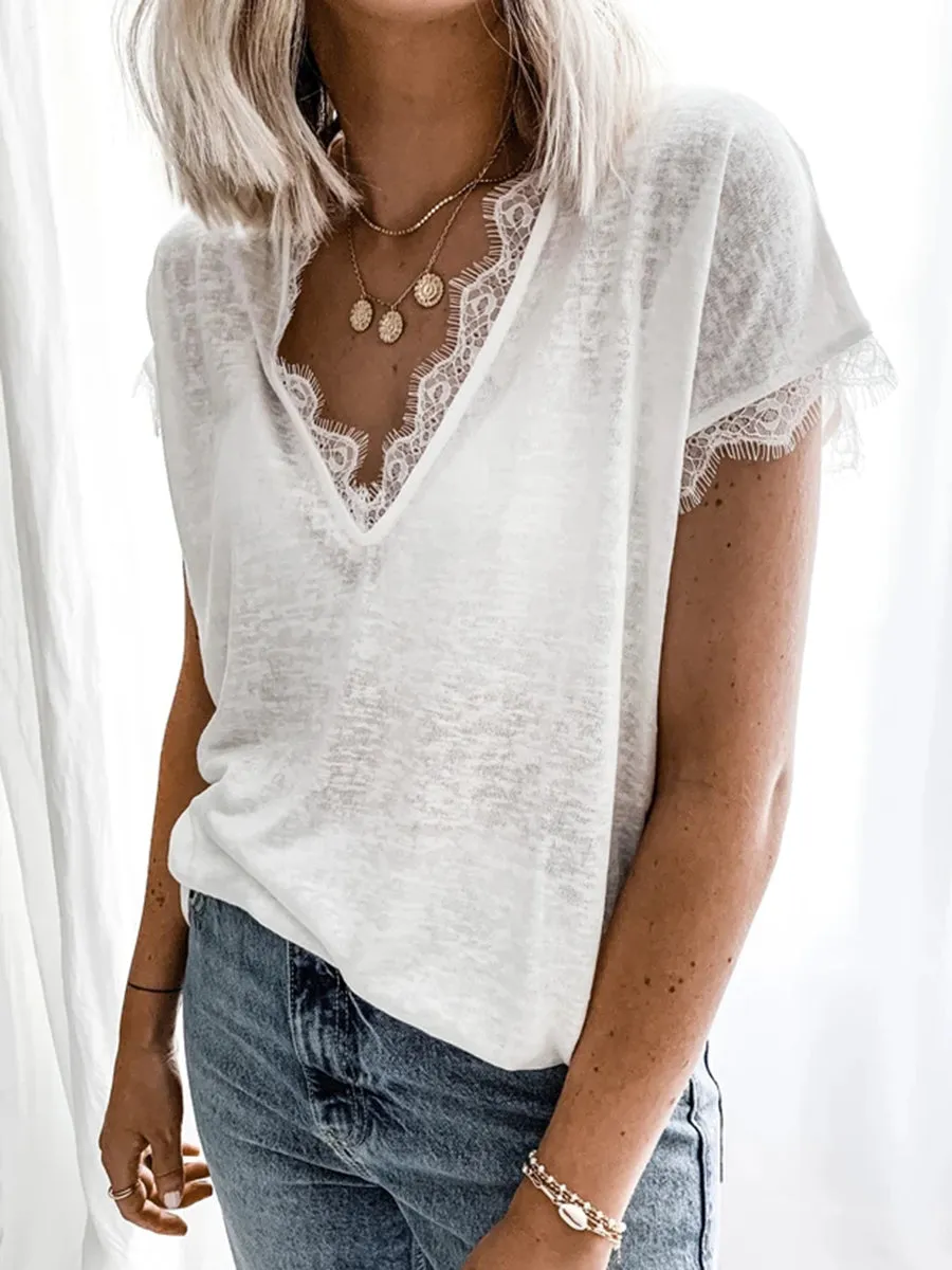 Casual Sleeveless Lace Trim T-Shirt