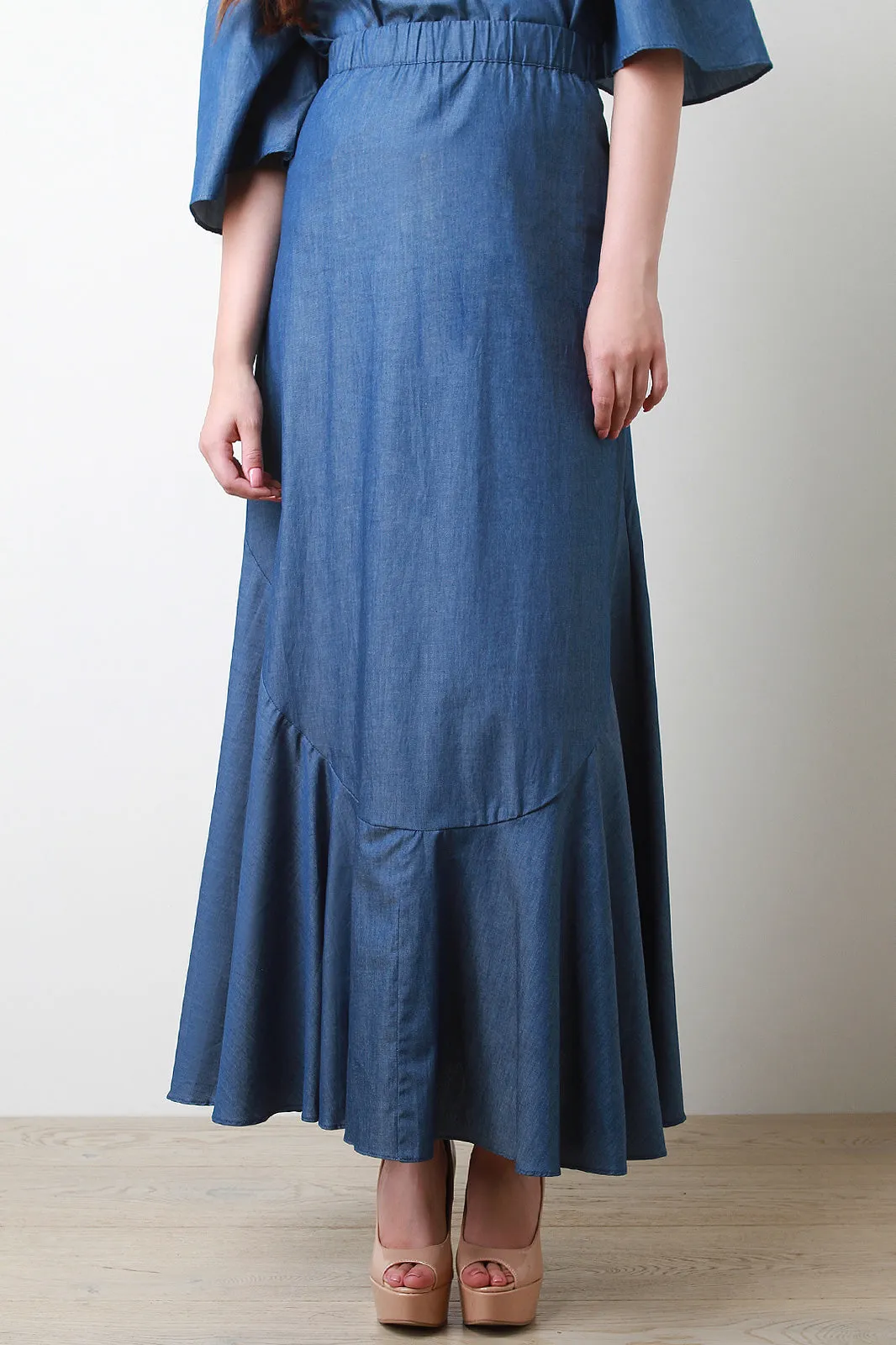 Chambray High Waisted Asymmetrical Seam Maxi Skirt