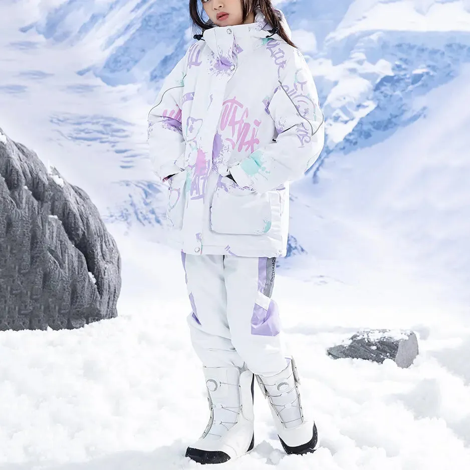 Children Printed Hooded Ski Snow Jackets & Baggy Pants