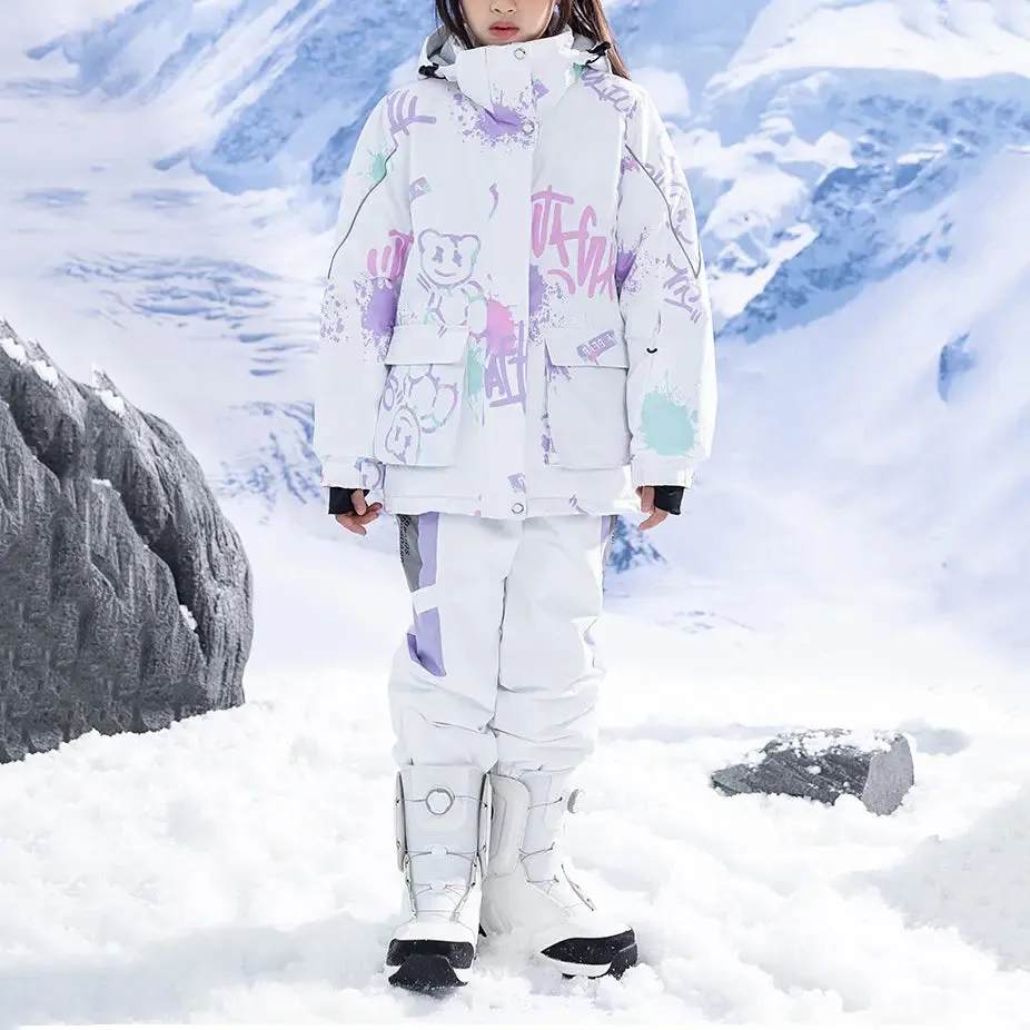 Children Printed Hooded Ski Snow Jackets & Baggy Pants