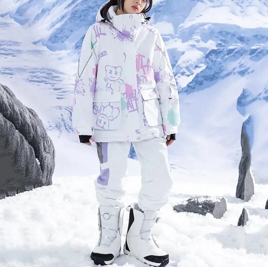 Children Printed Hooded Ski Snow Jackets & Baggy Pants