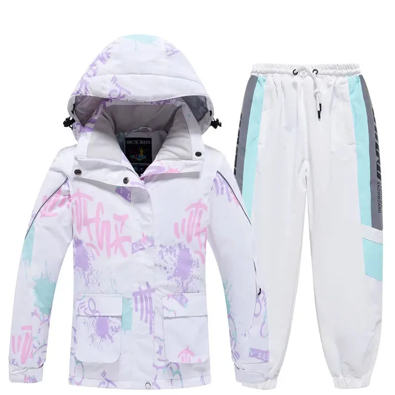 Children Printed Hooded Ski Snow Jackets & Baggy Pants