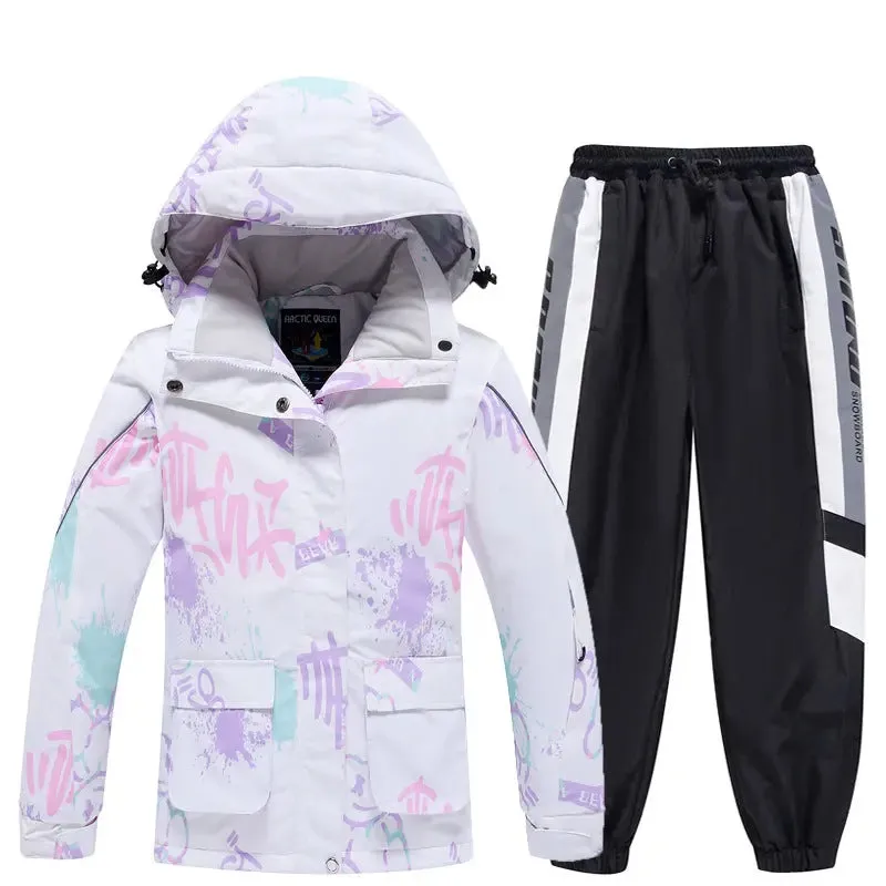 Children Printed Hooded Ski Snow Jackets & Baggy Pants