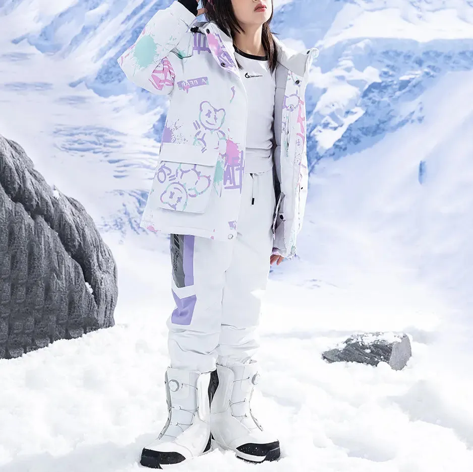 Children Printed Hooded Ski Snow Jackets & Baggy Pants