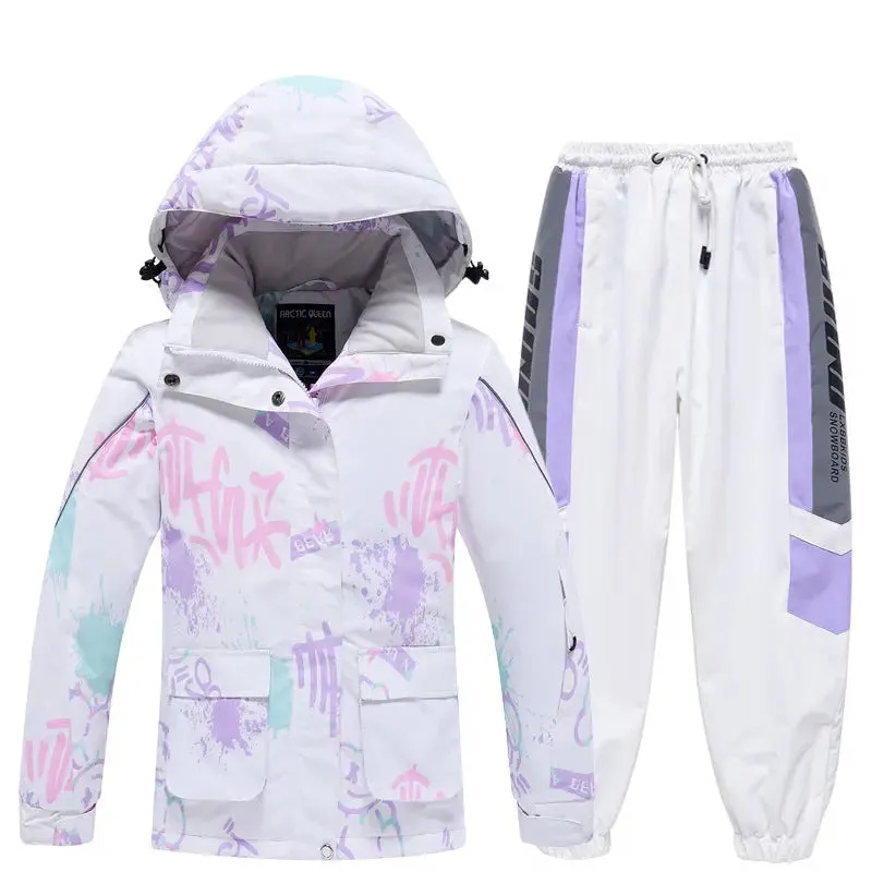 Children Printed Hooded Ski Snow Jackets & Baggy Pants