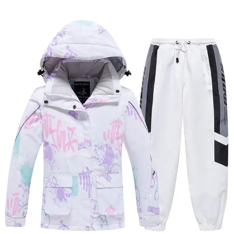 Children Printed Hooded Ski Snow Jackets & Baggy Pants