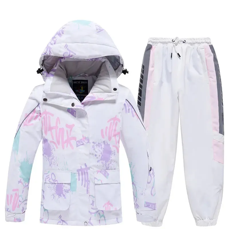 Children Printed Hooded Ski Snow Jackets & Baggy Pants