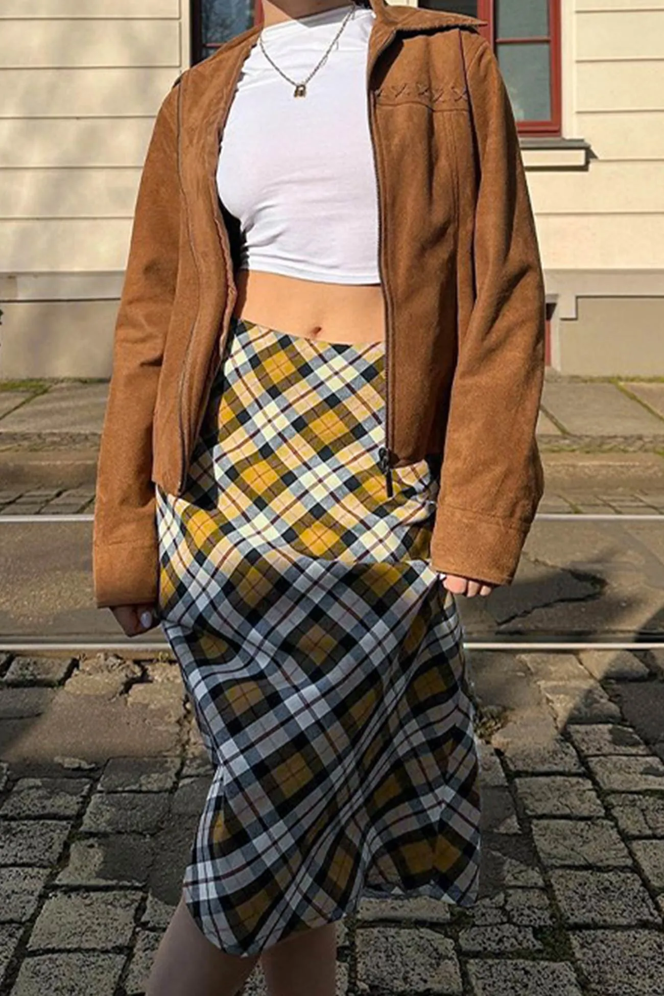 Contrast Plaid High waist Midi Skirt