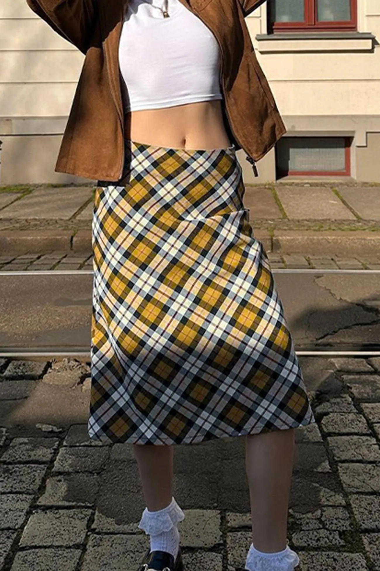 Contrast Plaid High waist Midi Skirt