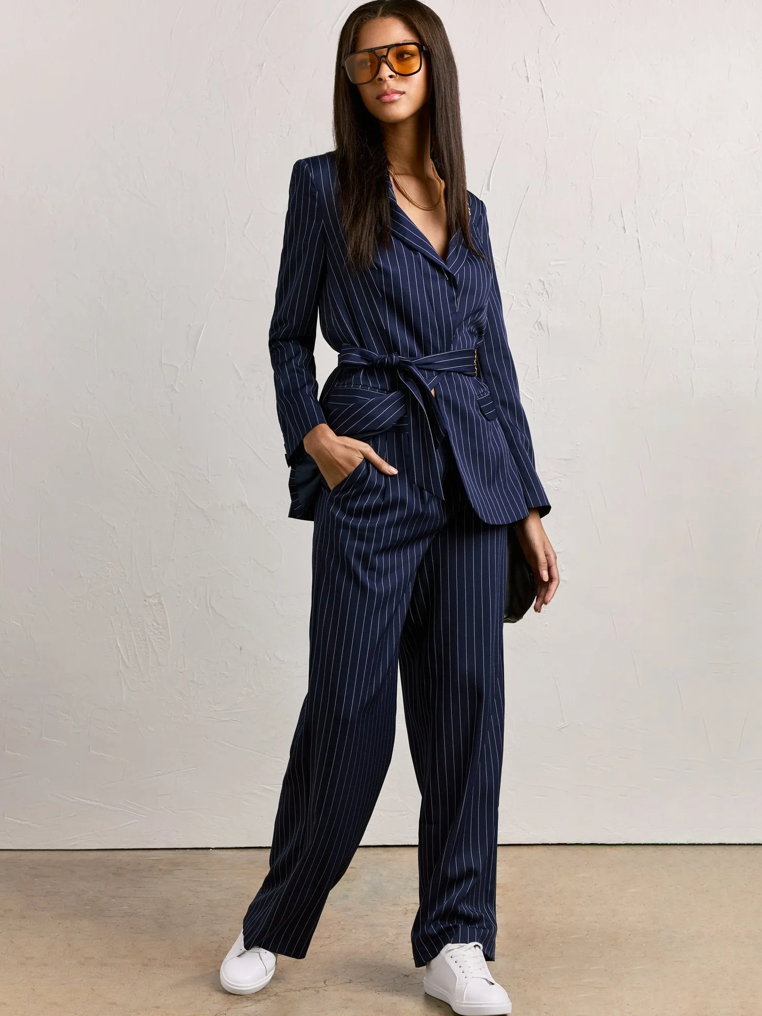 Crescent Pinstripe Tie-Waist Blazer - Brands We Love