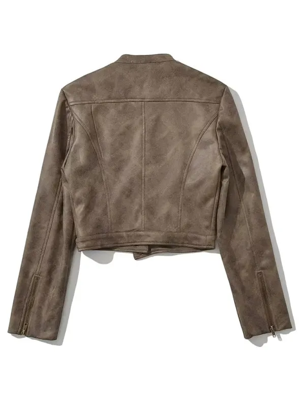 Faux Leather Zip-Up Stand Neck Biker Jacket