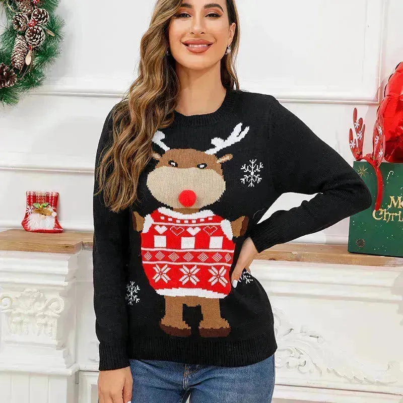 Funny Deer Christmas Sweater Round Neck Pullover Women