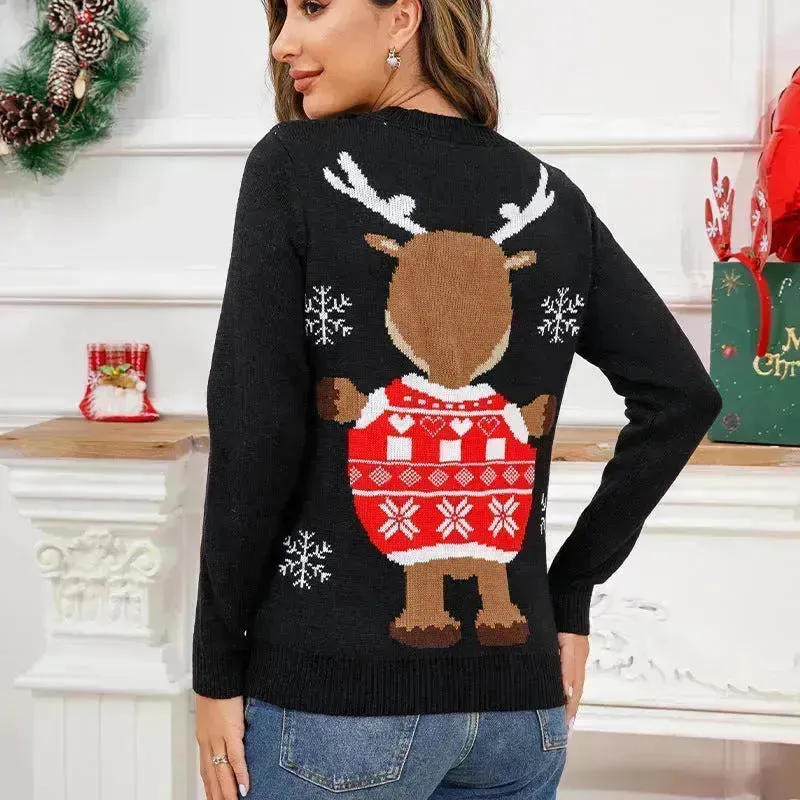 Funny Deer Christmas Sweater Round Neck Pullover Women