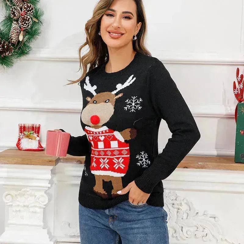 Funny Deer Christmas Sweater Round Neck Pullover Women