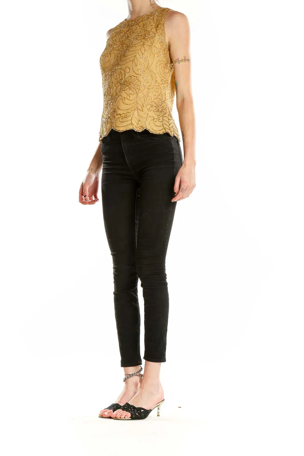 Golden Embroidered Sleeveless Blouse