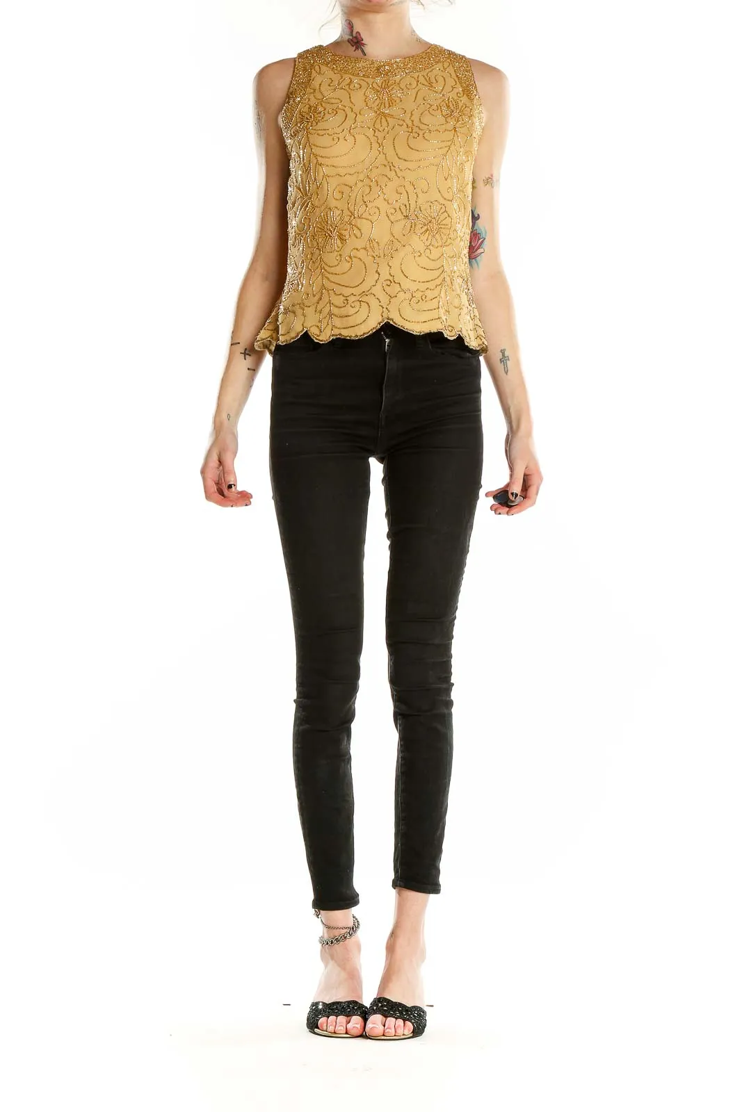 Golden Embroidered Sleeveless Blouse