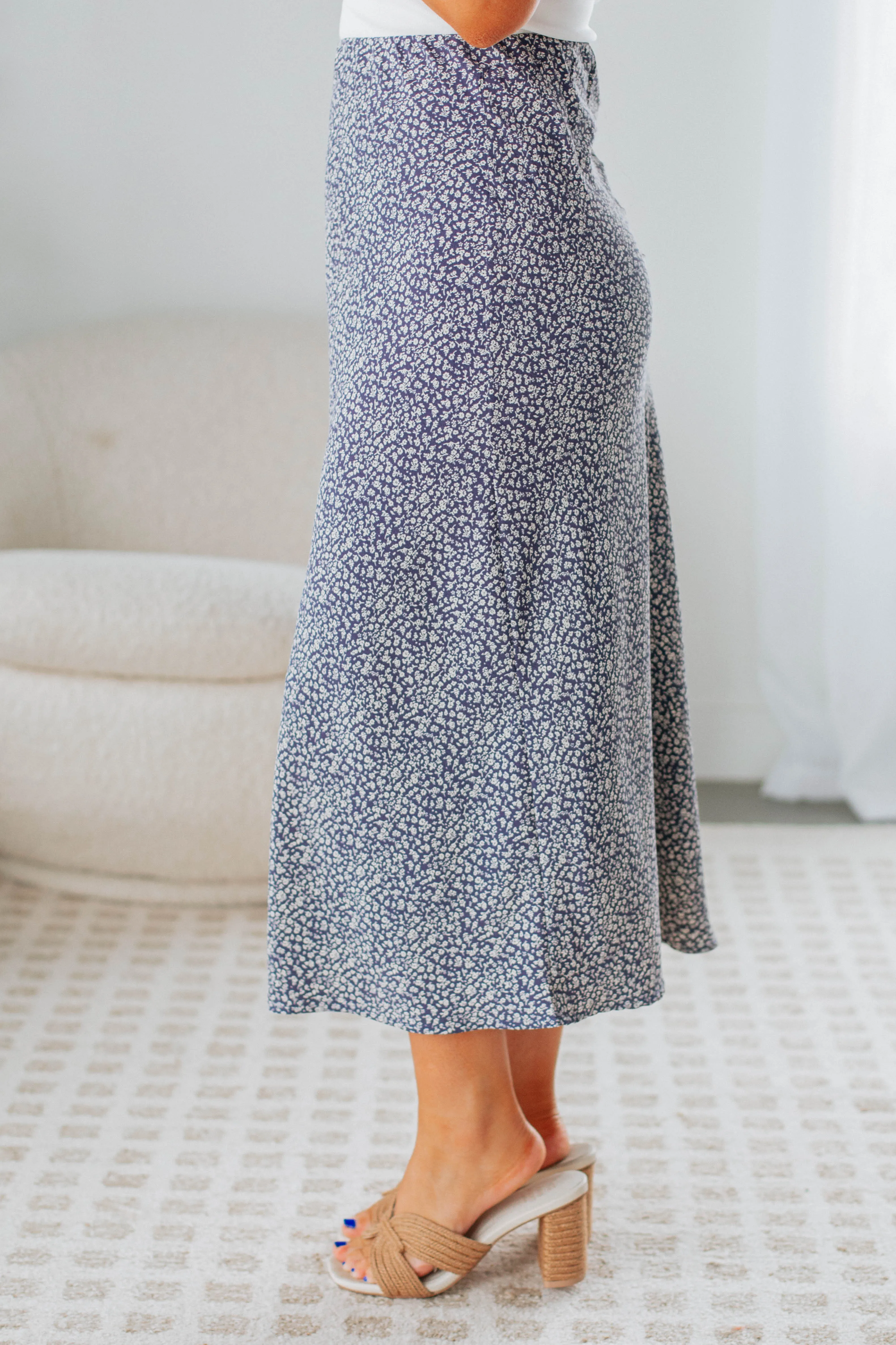 Hallie Floral Midi Skirt - Slate Blue