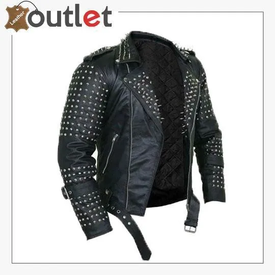 Handmade Mens Black Fashion Punk Style Studded Leather Jacket