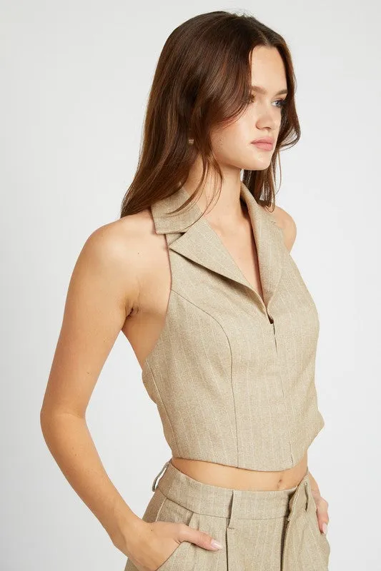 Hot Girl Boss Lady Pinstripe Halter Neck Vest Top In Tan