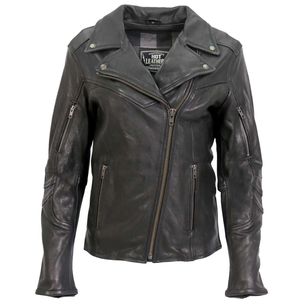 Hot Leathers JKL1034 Ladies Black Leather MC Jacket with Plaid Flannel Lining