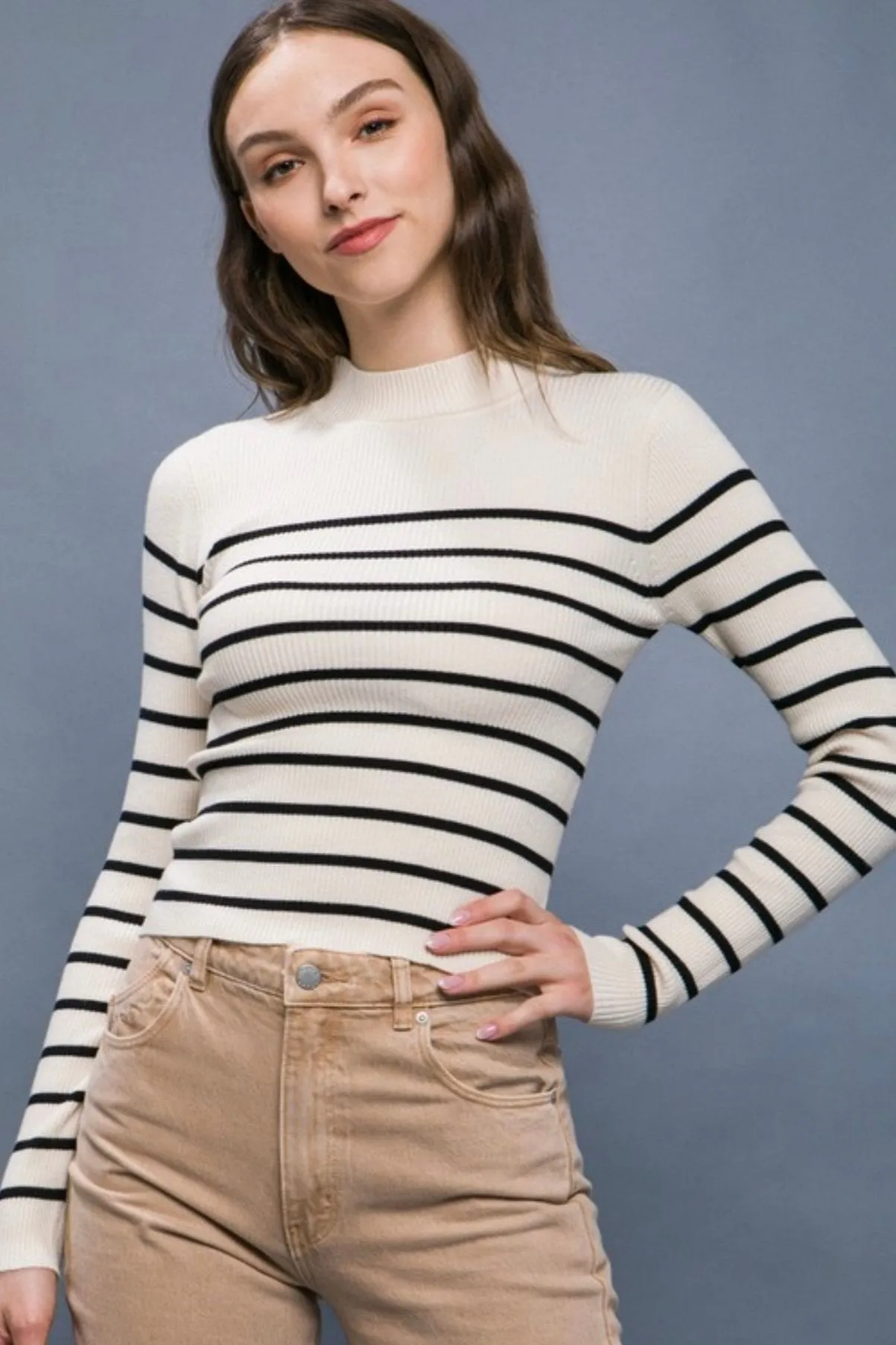 Ivory & Black Striped Mock