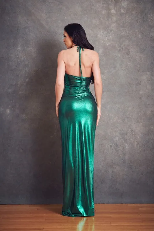 Jade Metallic Halter Maxi Dress