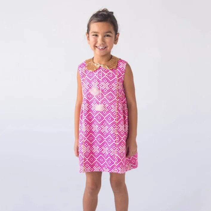 Lali Kids Persimmon Dress - Pink Jaquard with Gold Detail