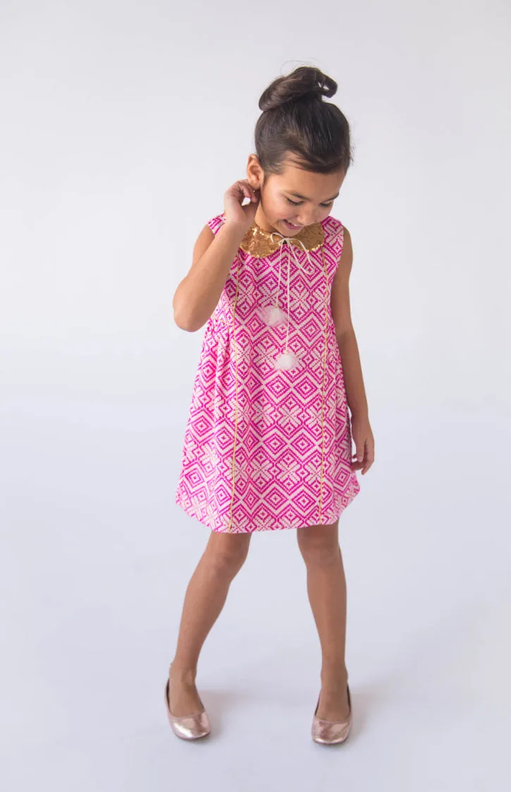 Lali Kids Persimmon Dress - Pink Jaquard with Gold Detail