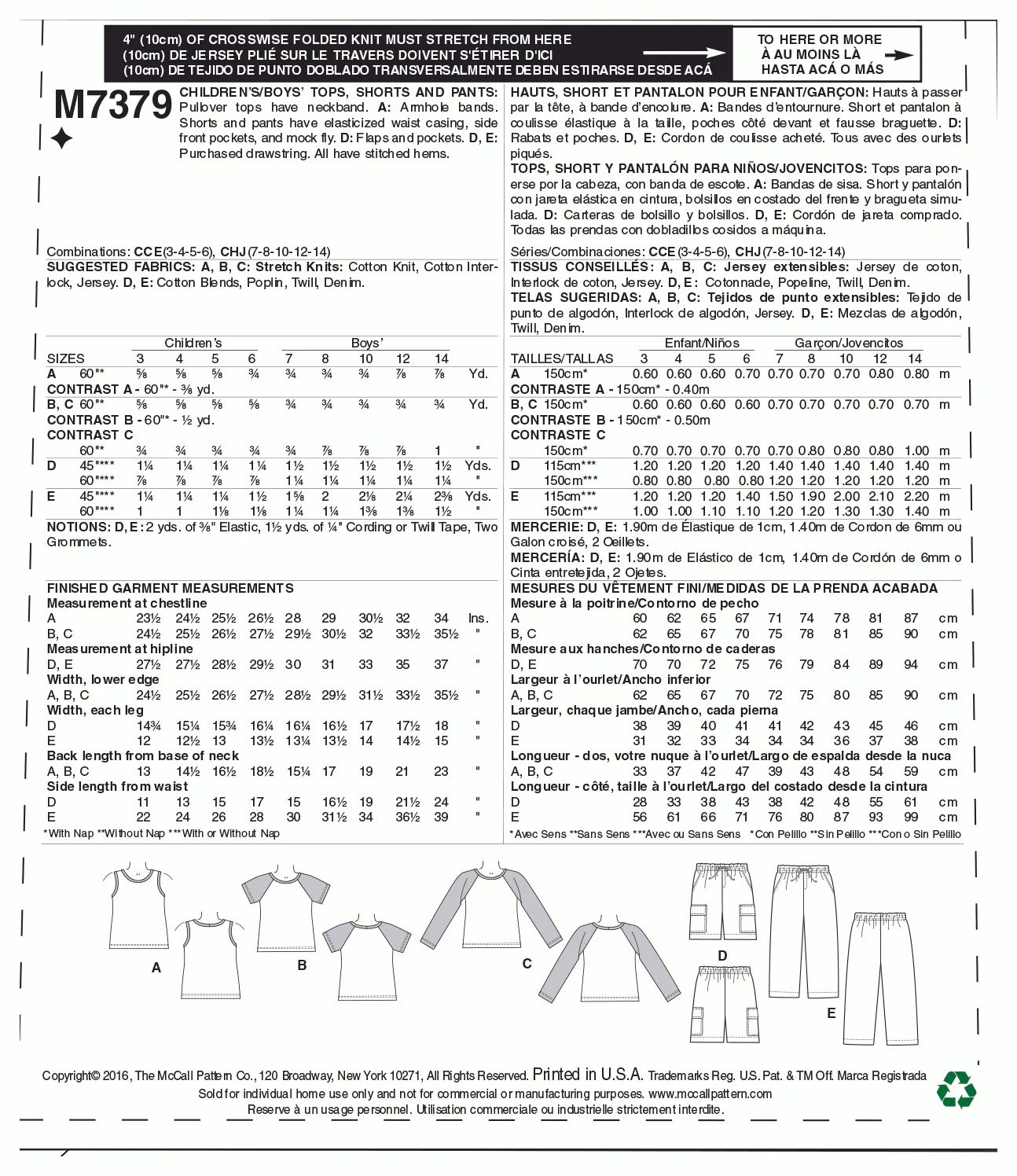 McCall's Pattern M7379 Children's/Boys' Raglan Sleeve and Tank Tops, Cargo Shorts and Pants